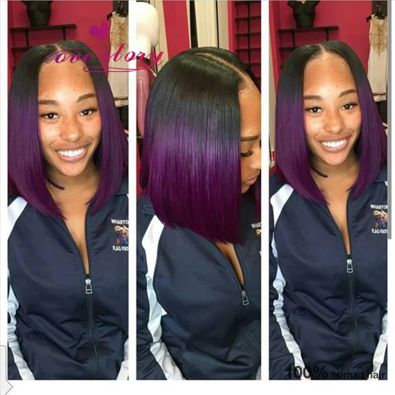 Lila Ombre Peruanische Volle Spitze Perucke Bob Middle Part