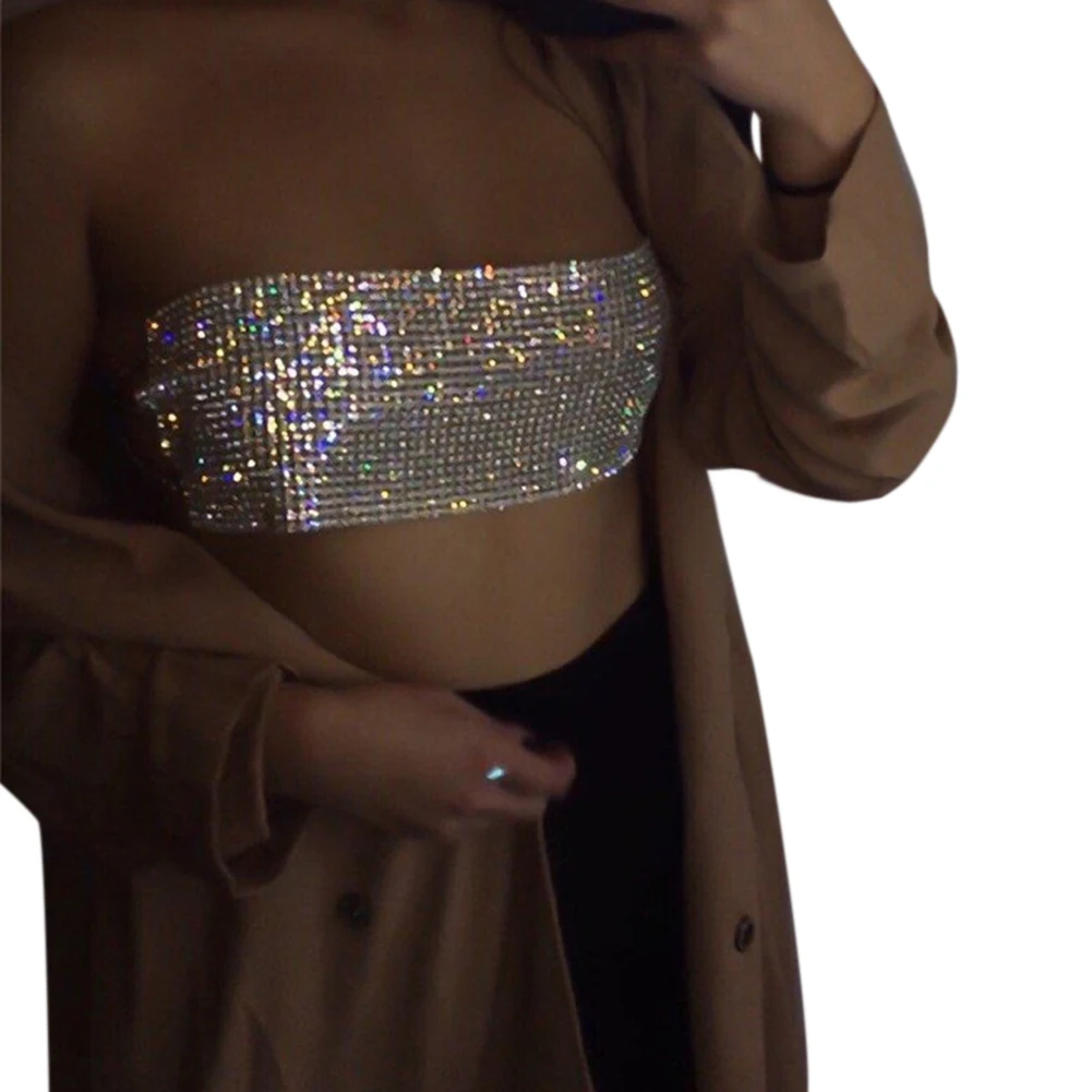 Sexy Women Sequined Tops Crystal Diamonds Boob Tube Tops Party Club Accessories Metal Strapless Rhinestone Bra Summer Crop Top