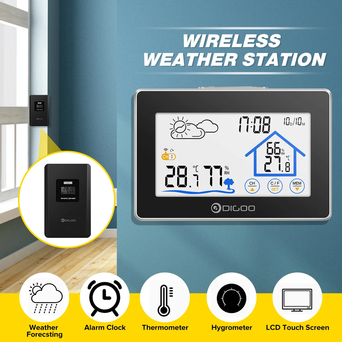 

Digoo DG-TH8380 Touch Weather Station + Outdoor Forecast Sensor 3CH Backlit Thermometer Hygrometer Calendar Alarm Clock