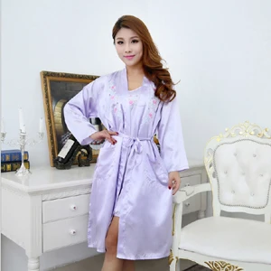 TwinsetChinese женский Шелковый 2 шт. Вышитый Цветок юката кафтан халат платье с поясом свободный размер WR0032 - Цвет: purple