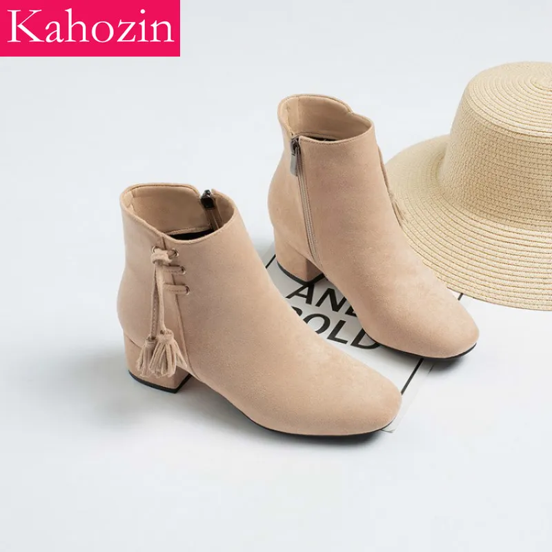 

Kahozin high heel ankle boot square heel 5CM zip women suede spring/autumn nice shoes for women fashion office casual size34-43