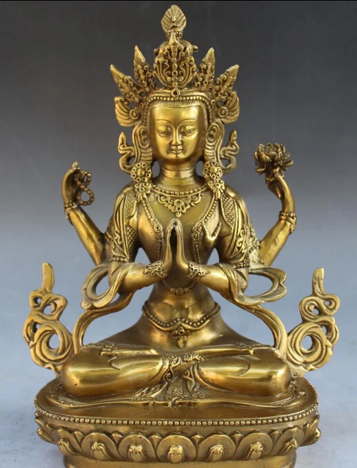 

9"Tibet Buddhism Temple Bronze Seat Lotus 4 Hands 4 arms Chenrezig Buddha Statue S0706