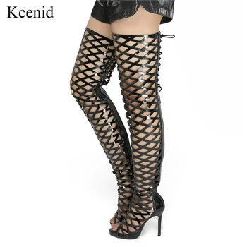 

Kcenid Sexy peep toe gladiator sandals women over the knee boots hollow out high heel nightclub shoes woman black big size 35-47