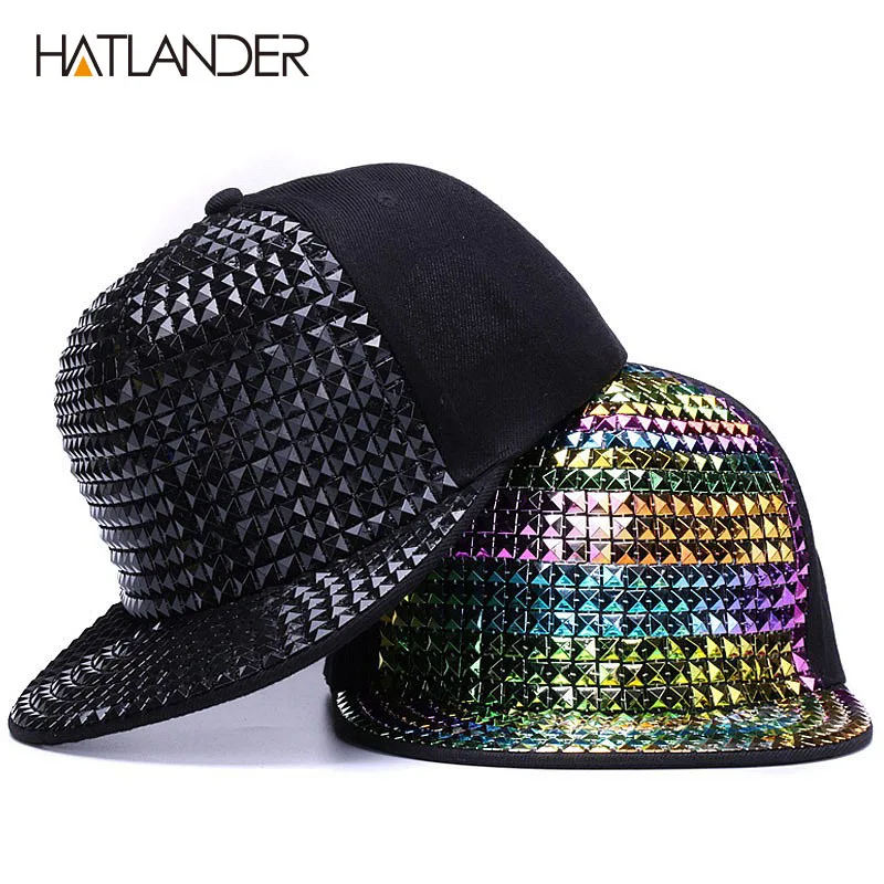 [HATLANDER] бейсбольные кепки с блестками на плоской подошве, уличные шапки для девочек и мальчиков, шикарная бейсболка в стиле панк, Кепка в стиле джаз-рок, крутая Кепка в стиле хип-хоп
