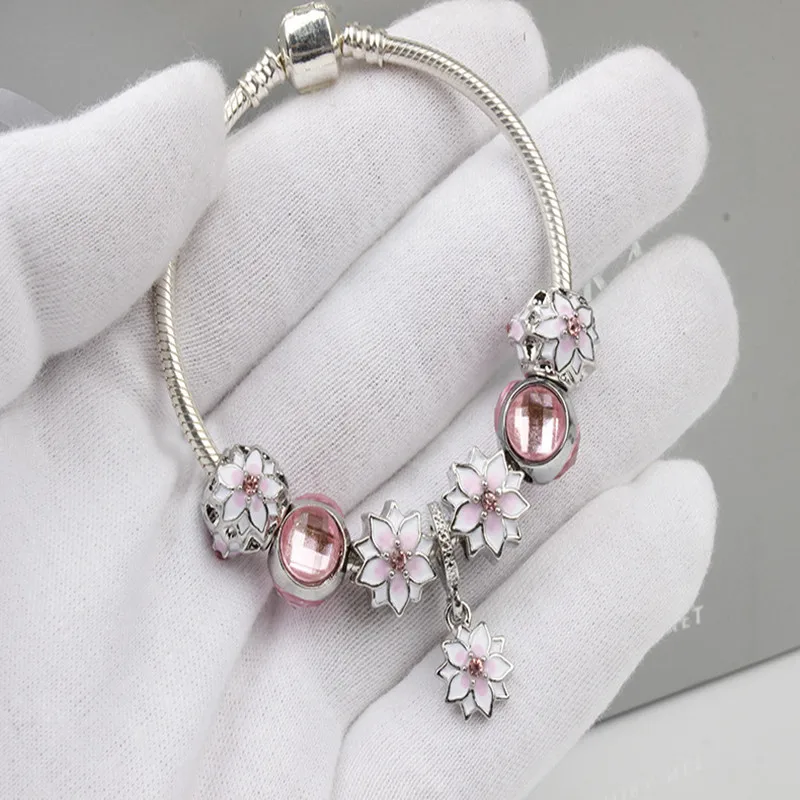 

Pink Petal Beads Metal Personality Creative Jewelry Gift for Women 925 Sterling Silver Jewelry Beaded Strand Bracelet Trendy
