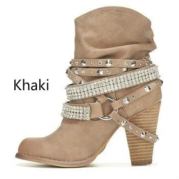 

2019 New Short Boots Thick With Belt Buckle Rhinestone Decoration Fashion Round Head Large Size Women's Boots