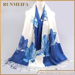 [Runmeifa] 2017, Новая мода Лидер продаж синий белый цветок печатных Sjaals Для женщин на осень-зиму акриловый шарф Бесплатная доставка