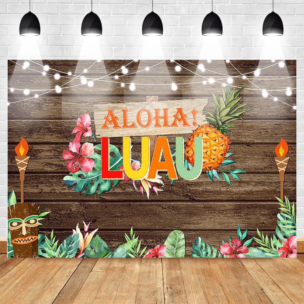 

Neoback Hawaiian Luau Party Backdrop Aloha Birthday Photo Background Vintage Wood Tropical Flower Pineapple Tiki Mask Backdrops