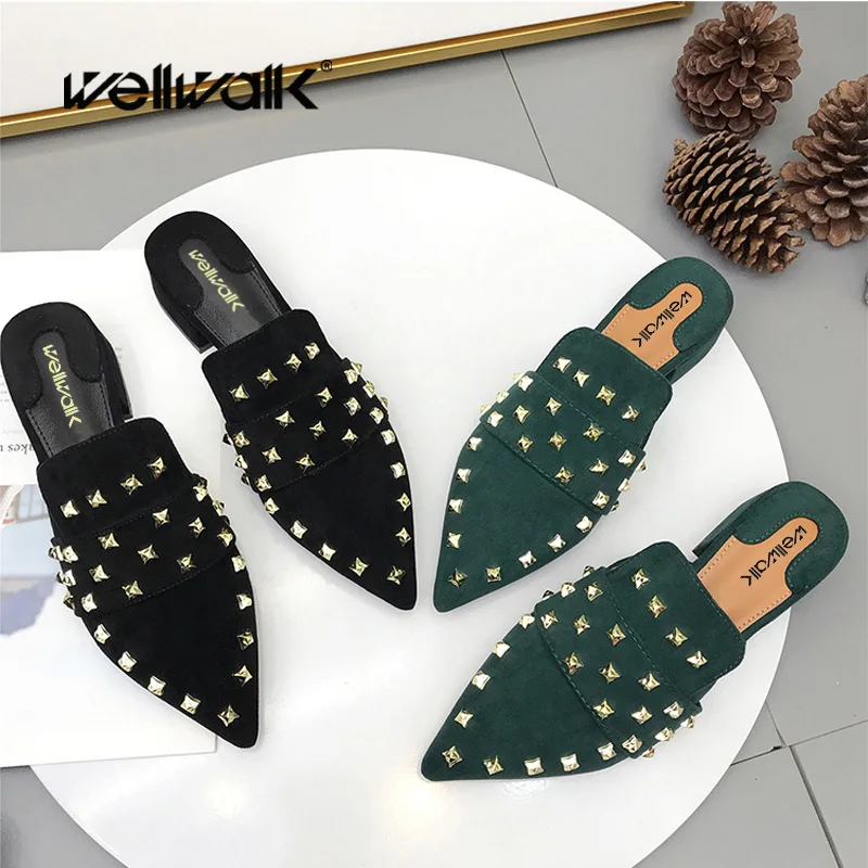 

Lady shoes Women Slippers 2018 Pointed Toe Women Mules Ladies Rivets Shoes Female House Slides Spring Autumn Women Shoes