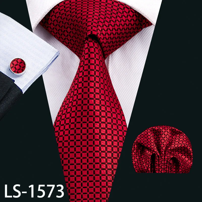 LS-704, мужской галстук, шелк, красный, в клетку, жаккардовый, тканый, свадебный галстук, Barry.Wang, Hanky, запонки, набор, галстук для мужчин, деловые, вечерние - Цвет: LS-1573