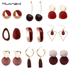 HUANZHI дизайн цвет красного вина акрил ацетат вишня геометрический круглые металлические серьги наборы для Для женщин девочек вечерние подарок ювелирные изделия