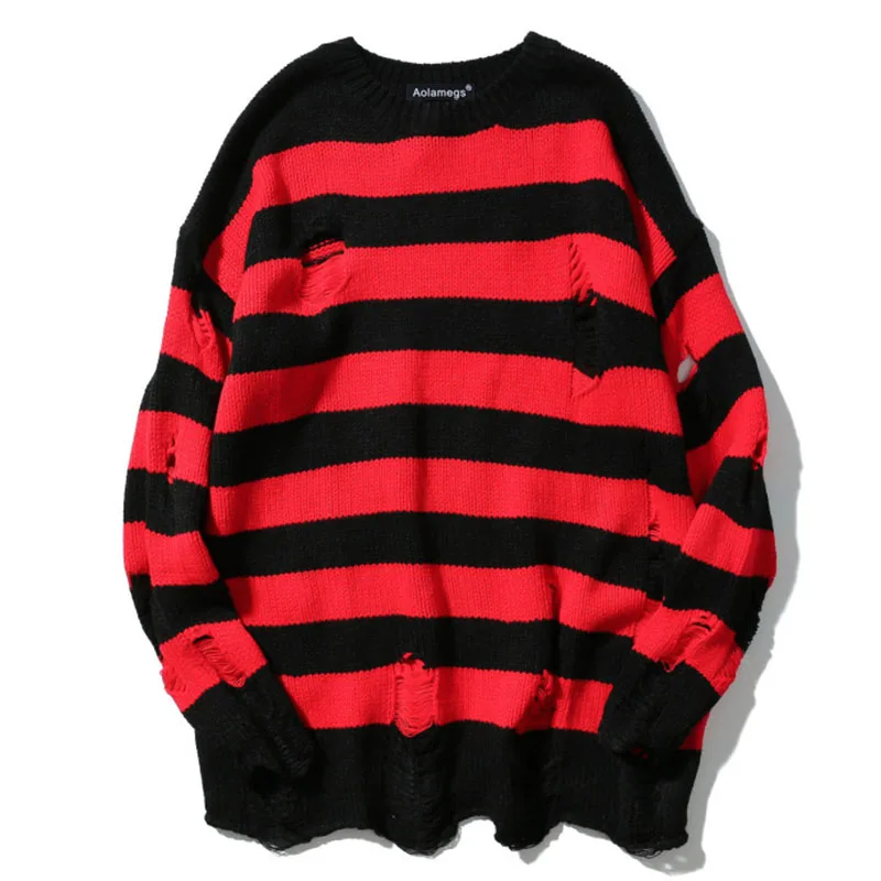 Aolamegs мужской свитер, полосатые толстовки с дырками, пуловер, модный длинный рукав, уличная одежда, повседневная Осенняя, бренд - Цвет: red