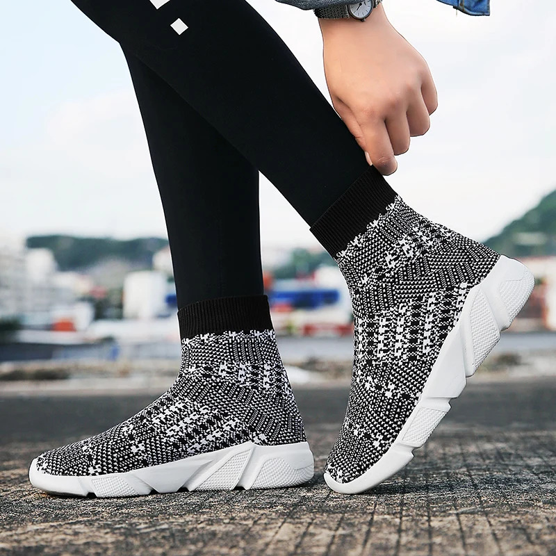 

Sooneeya Slip-On Sock Sneakers Man Woman Black White Running Shoes Men 2019 Spring High Top Stretch Fabric Jogging Shoes Zapatos