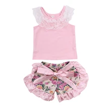 Cute Newborn Baby Girls Summer Sleeveless Lace Vest Tops+Floral Bow Ruffles Shorts Hot Pant 2PCS Outfits Sunsuit Clothing Set