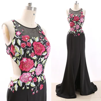 

MACloth Black Mermaid Scoop Neck Floor-Length Long Embroidery Tulle Prom Dresses Dress M 266346 Clearance