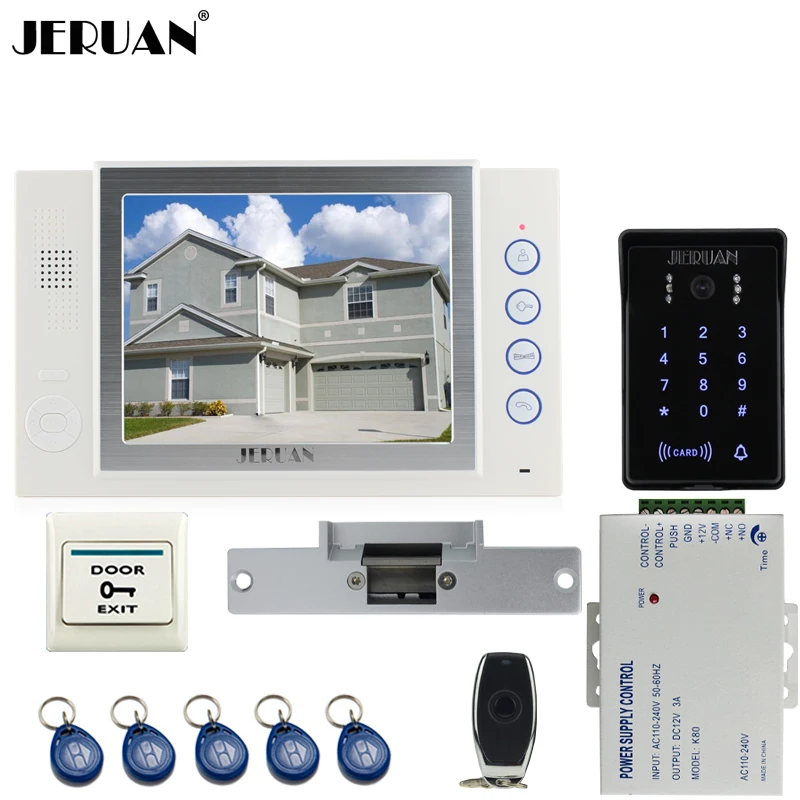 JERUAN 8`` LCD video doorphone Recording intercom system New RFID waterproof Touch Key password keypad Camera 8G SD Card Free