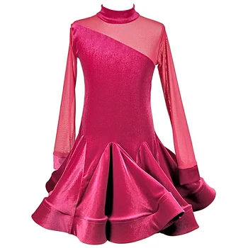 

High Quality Latin Dress Girls Red Velvet Rumba Tango Salsa Ballroom Practice Dancing Dresses Samba Cha Cha Perform Wear DC1459