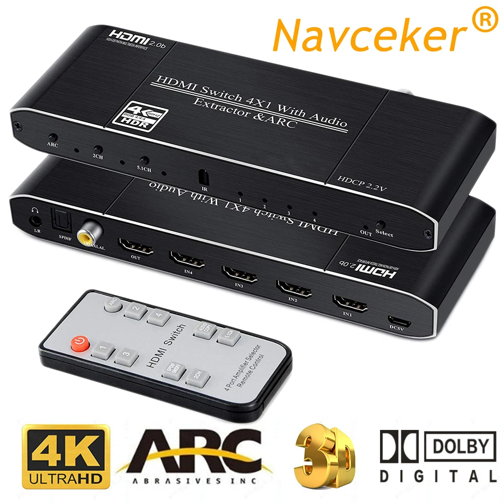 Skup 2020 najlepszy przełącznik pilota 4K HDMI 2.0 4x1 HDR HDMI przełącznik ekstraktor audio z przełącznikiem ARC i IR HDMI 2.0 dla PS4 apple tv HDTV