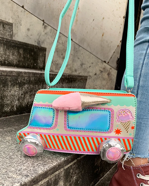 New Cute Cartoon Ice Cream Car Color Stripe Pu Young Girl's Shoulder Bag Handbag Crossbody Mini Bag Women Pouch Totes Bag Flap