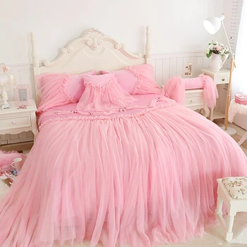 

Luxury Korean Princess Pink Purple Blue Fleece Fabric Lace Wedding Bedding Set Duvet Cover Flannel Velvet Bed Skirt Pillowcases