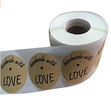 2 Inch Round Handmade with Love Natural Kraft Stickers with Black Font 500 Total Adhesive Labels