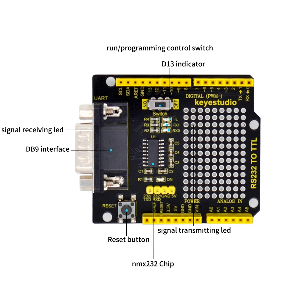 keyestudio RS232 to TTL Conversion Shield Board For  Arduino UNOR3 Compatible with RS232 Interface
