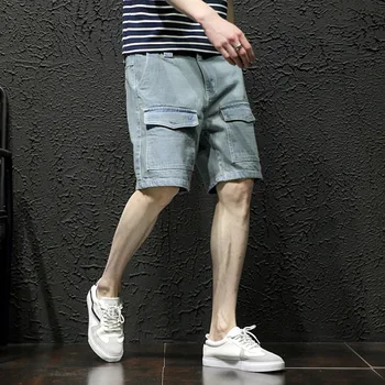 

Casual Fashion Shorts Men Jeans Pockets Straight Knee Length Punk Short Denim Trousers Summer Hip Hop Jeans Homme