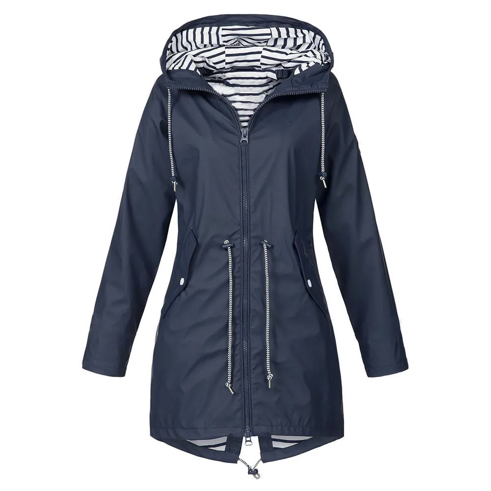 

30#Women Solid Rain Jacket Outdoor Jackets Waterproof Hooded Raincoat Windproof