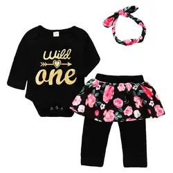 Комплект одежды с цветочным принтом для новорожденных девочек; комбинезон с черными буквами; боди + юбка с цветочным рисунком; брюки +