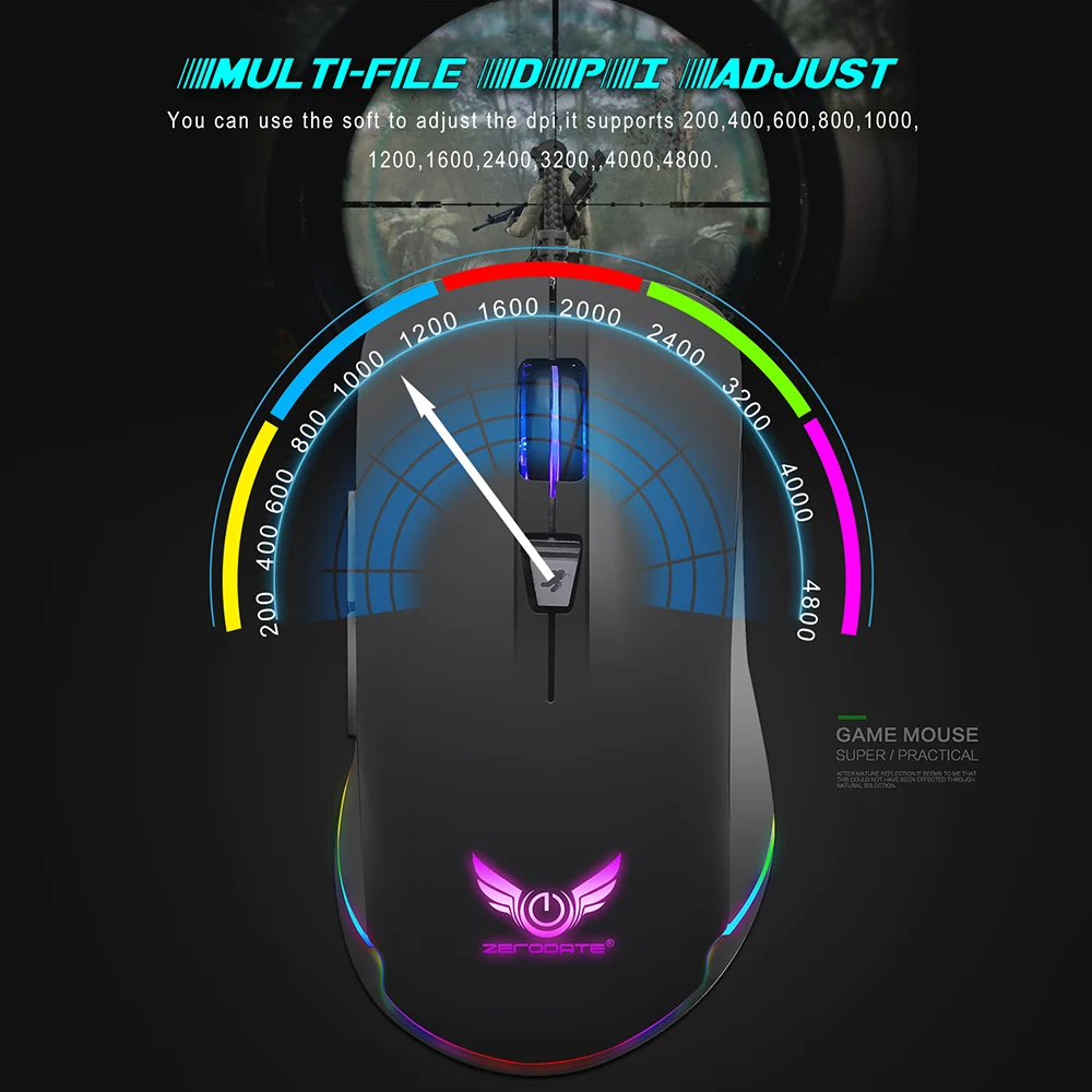 

ZERODATE S600 High Performance Gaming Mouse RGB Mechanical Mice Adjustable Wrist 4800dpi 6 buttons for PUBG csgo LOL