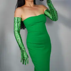 Змеиная кожа Экстра длинные перчатки женские 70 см лакированная кожа Над Локоть эмуляция Кожа PU яркая кожа животное зеленая змея P91-9