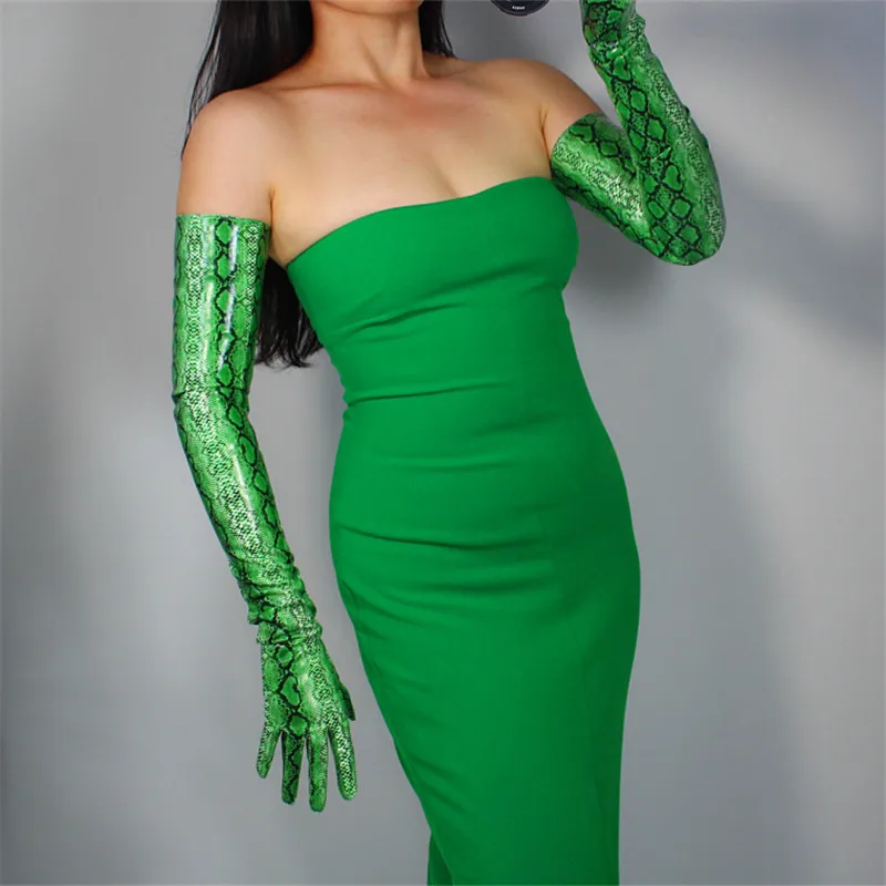 

Snake Skin Extra Long Gloves Woman 70cm Patent Leather Over Elbow Emulation Leather PU Bright Leather Animal Green Snake P91-9