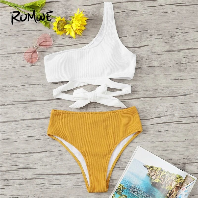 

Romwe Sport Bikinis Set One Shoulder Knot Top With Rib-knit Bottoms Swimwear Women Summer Sexy Wire Free Swimsuit Beachwear
