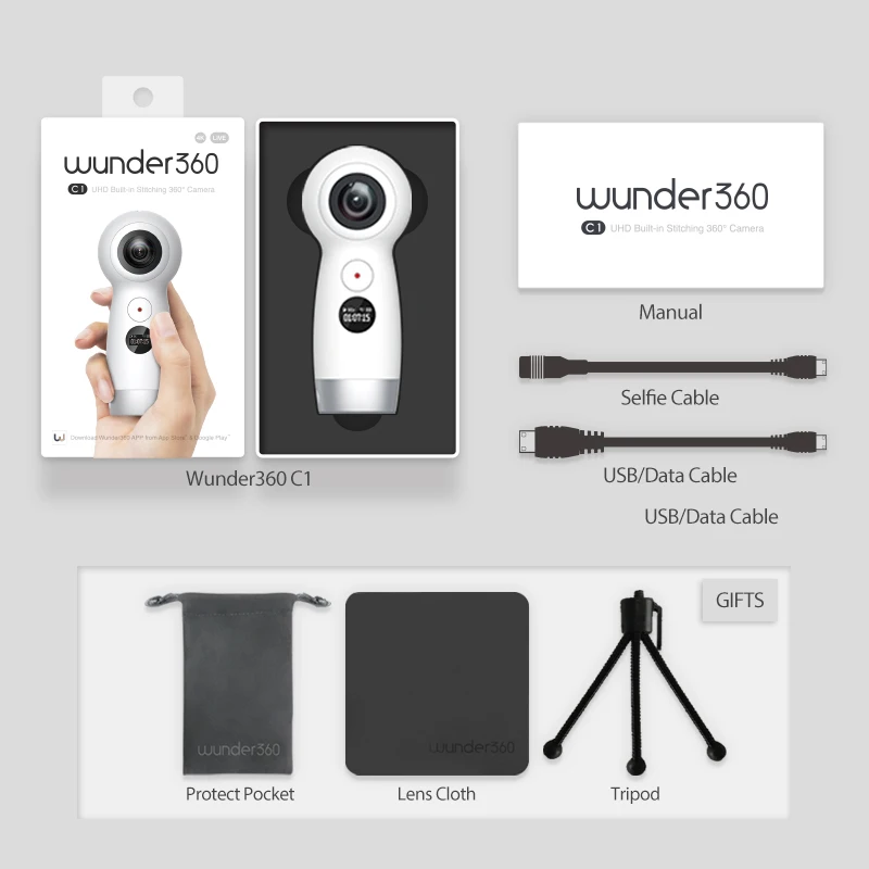 Wunder 360 Dual-lens 4k 360 Camera with Wifi Panorama Video Camera IP 360 Action Camera for iPhone X Support Real Time Live