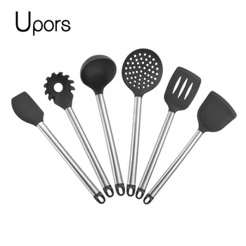 

UPORS 6Pcs Nonstick Silicone Kitchen Utensil Set and Stainless Steel Handle Cooking Tools Set Spatula Set Spoon Gadget BPA Free