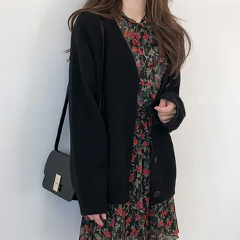 

Autumn Women V-Neck Knitted Sweater Cardigan Female Long Sleeve Single Breasted Loose Sweater Jacket Coat casaco feminino F663