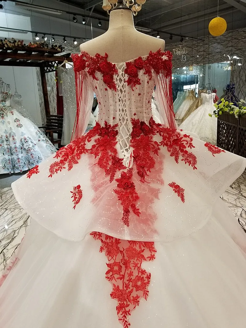 LS05410 sexy off shoulder red flowers evening dress long sleeves sweetheart evening party dresses for beauty girl quick shipping