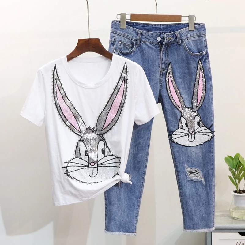 Goedkoop ALPHALMODA Europese Stijl Pailletten Cartoon Konijn T shirts + Gebroken Gat Kalf lengte Jeans Vrouwen Lente Mode Broek Past