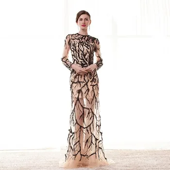 

Real Images Luxury Sexy Prom Dress Hot Sale Black Sequin Long Sleeves Beaded Tulle Backless Formal Party Gown Plus Size