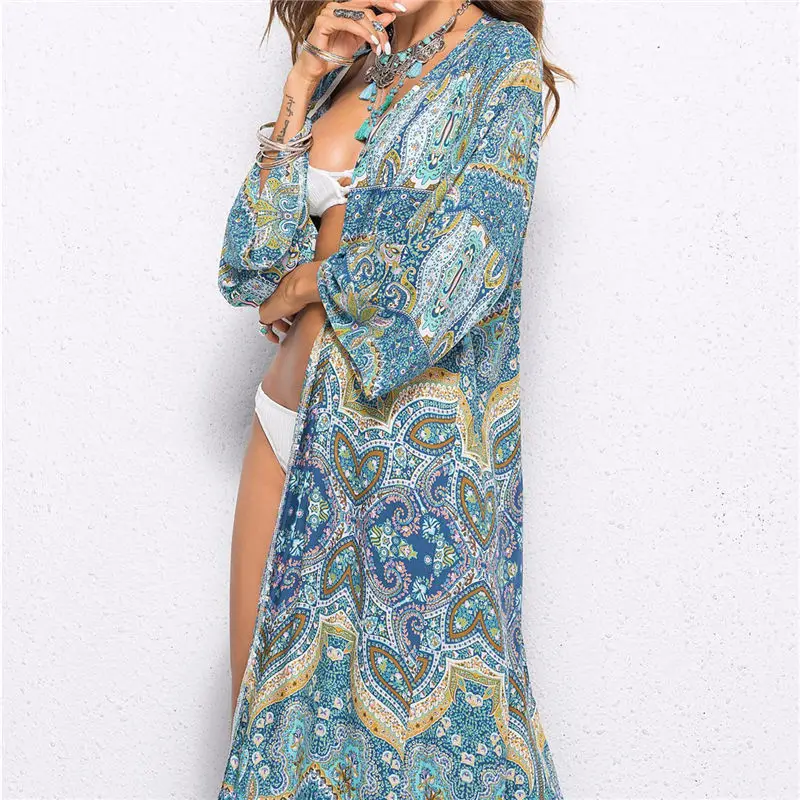 Летняя женская пляжная одежда, купальный костюм, бикини, накидка размера плюс, голубой мистический узор, принт, длинное пляжное кимоно, саронг, халат De Plage A36