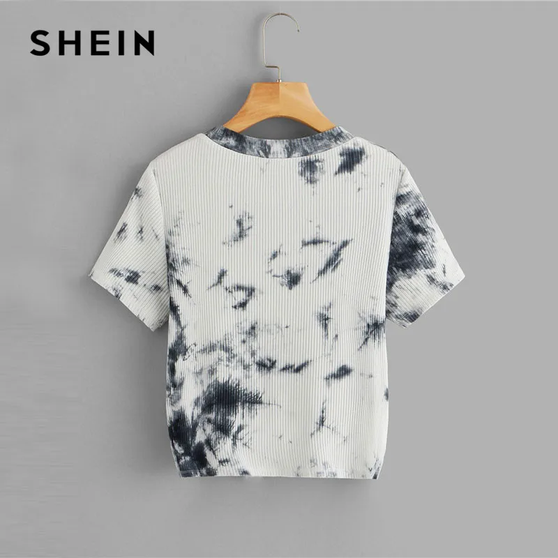 SHEIN سيدة الأسود والأبيض الأساسية التعادل صبغ عقدة تنحنح ضلع متماسكة جولة الرقبة المحملة الصيف عارضة تي شيرت قطني بأكمام قصيرة المرأة قمم