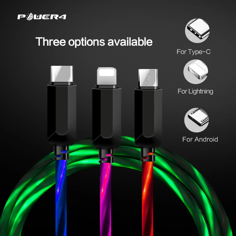 

Power4 illuminated 1 m USB Cable Three Interface Optional Support Micro Type-C Lightining For Android iPhone USB C Cable