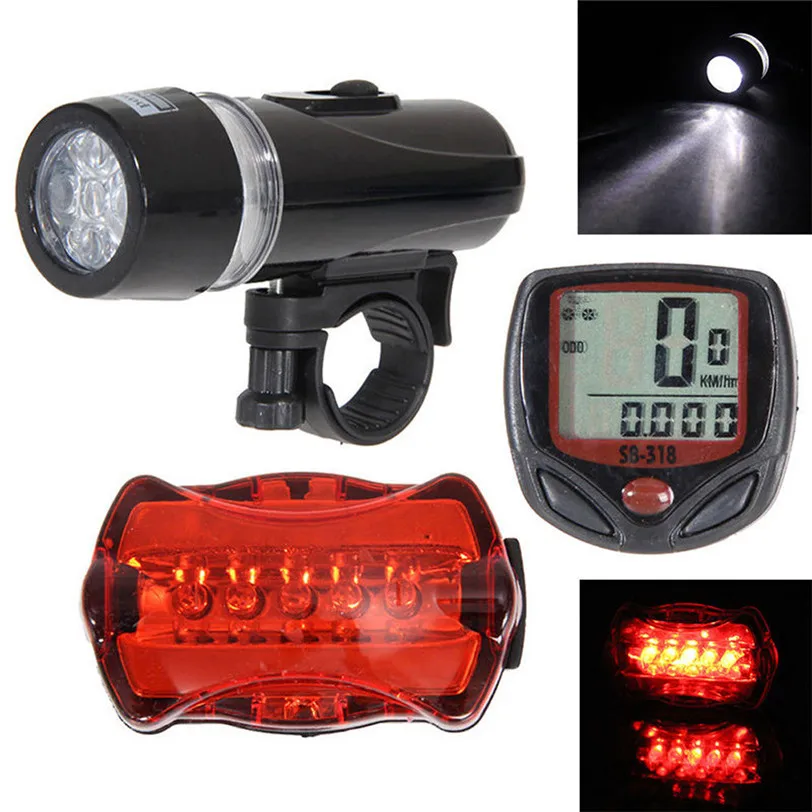 Bicycle computer Speedometer + 5 LED Mountain Bike Accessories Cycling Light Head + Rear Lamp New bicycle lights ciclismo