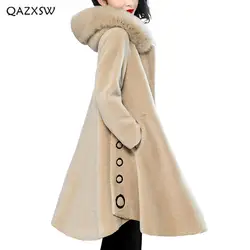 QAZXSW овец стриженая пальто Для женщин пальто с натуральным мехом куртки 2018 новые с капюшоном лисьим мехом длинная Двусторонний мех зимняя