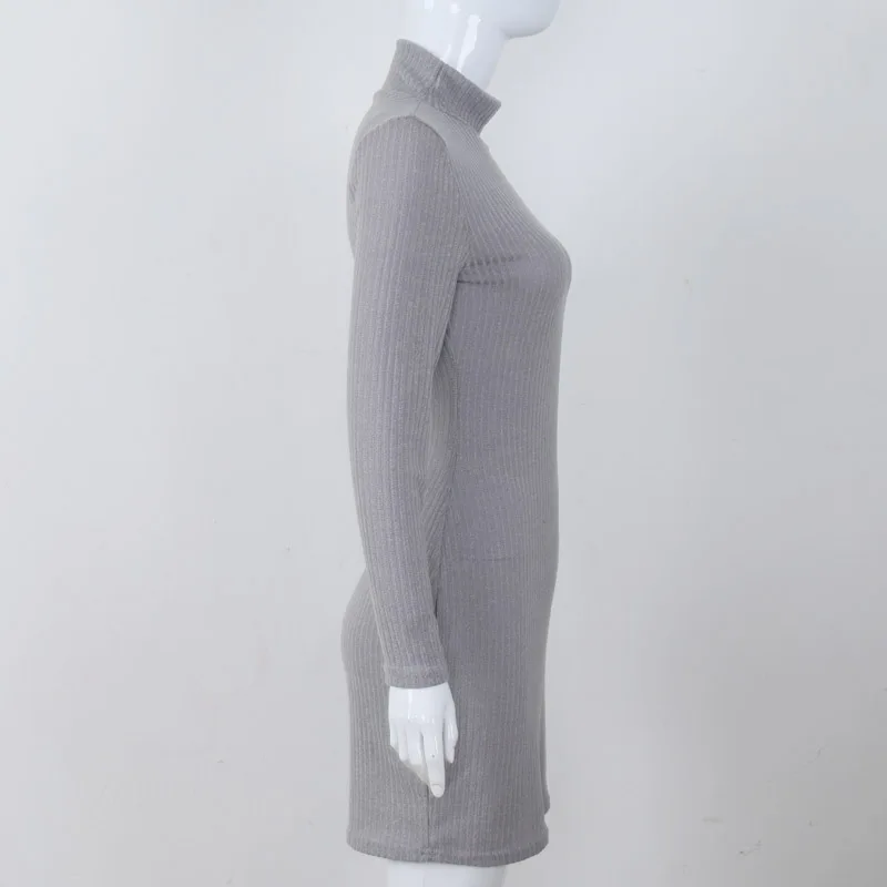 Однотонное теплое облегающее платье с воротником под горло, повседневное вязаное стильное весеннее Новое теплое платье-свитер с длинным рукавом для женщин