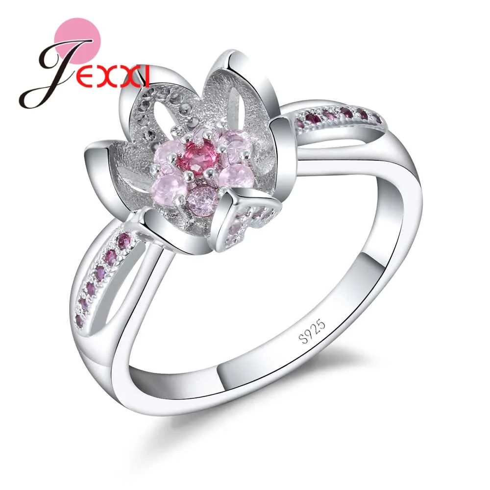 Романтический розовый кубический цирконий лотоса кольца цветочной формы 925 пробы серебро для женщин девочек палец ювелирные изделия Рождественский подарок