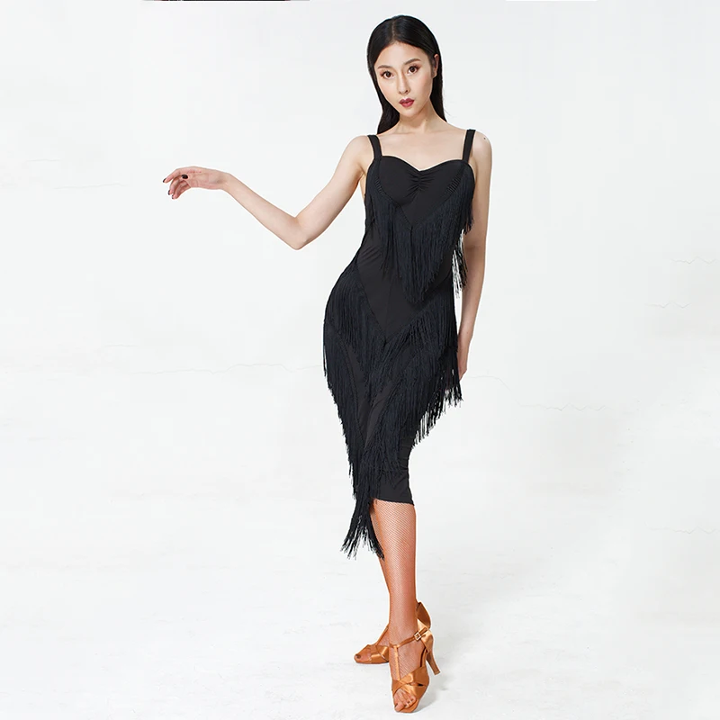 

Retro Black Latin Dance Dress Women Ballroom Dancing Practice Fringe Dresses Tango Rumba Salsa Cha Cha Tassel Clothes DC1332