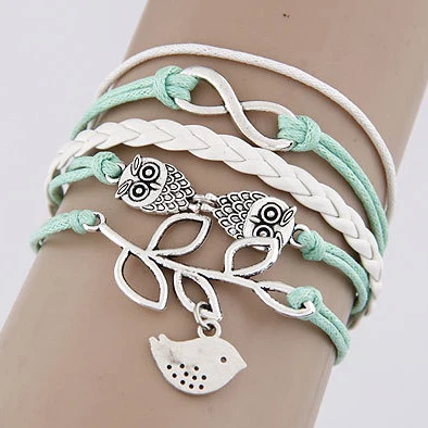 

New 2016 Fashion Infinity Tree Owl Bird Charm Bracelet Multilayer Leather Bracelets& Bangles CCB478