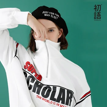 

Toyouth Women Korean Hoodie 2018 Autumn Turtleneck Pullovers Tops With Letters Print Striped Female Sweatshirt