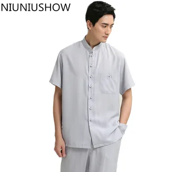

Hot Sale Black Men Summer Cotton Linen Shirt Chinese Traditional Male Kung Fu Tai Chi Wu Shu Clothing M L XL XXL XXXL